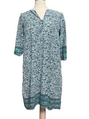 J. Jill Womens Petite 3/4 Slv Blooms Floral Cotton Shift Dress Blue/Green Size S